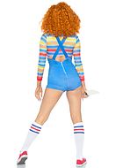 Chucky fra Child's Play (kvinne), kostyme-topp og romper, knapper, lomme, horisontale striper